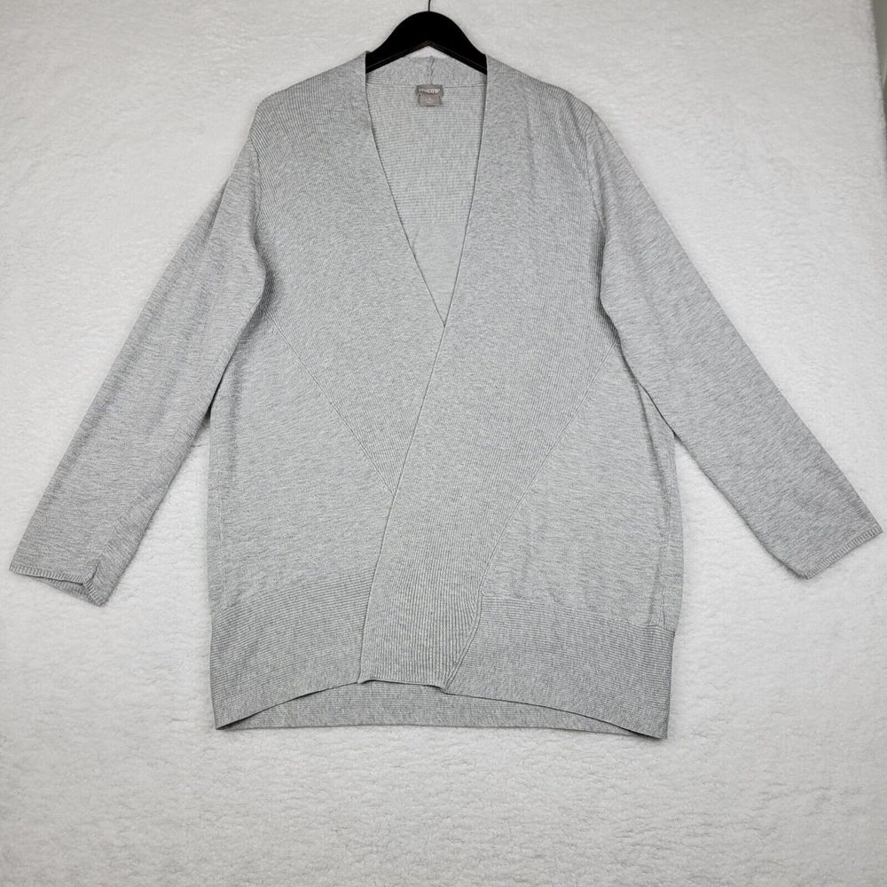 Chicos Cardigan Womens 2 Large Gray Long Sleeve Open‎ Front Sweater Stretch
